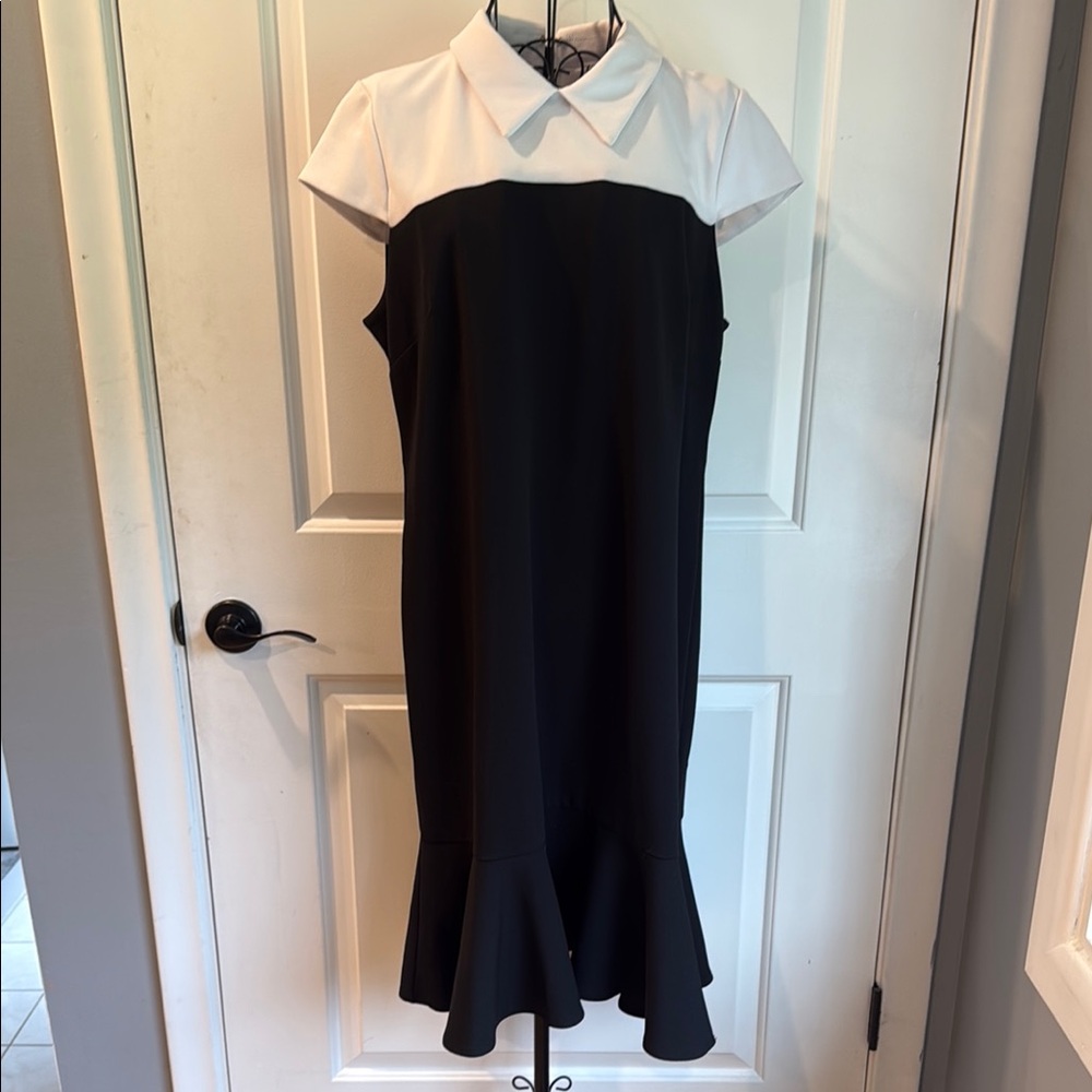 Shelby and Palmer, white and black short sleeve collared ruffled dress